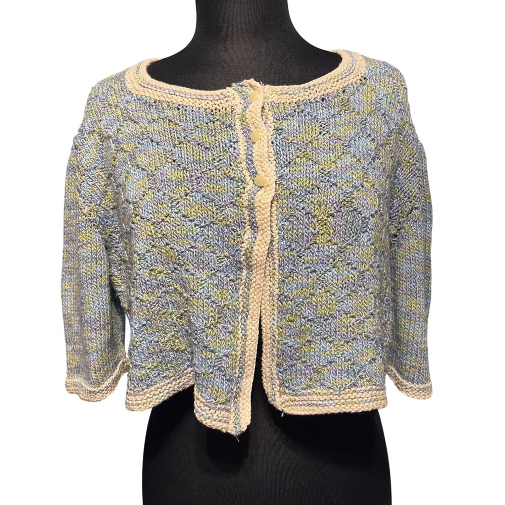 Hand Knit Cropped Cardigan Sweater Multi Color Pastel 3/4 Sleeve Open Front